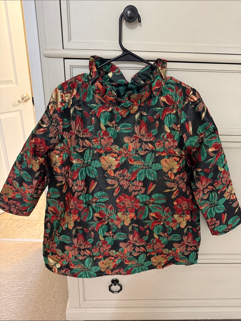 Floral Metallic Brocade Blouse - Green & Red